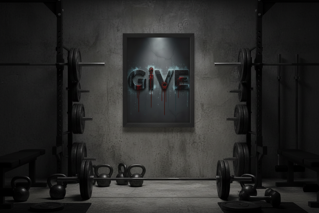 GiVE motivational framed poster on concrete wall in home gym